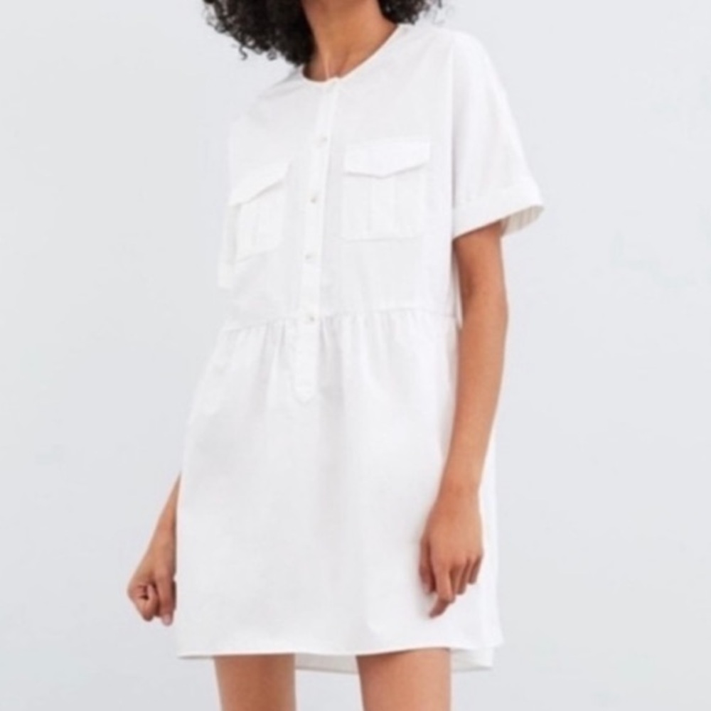 Zara White Lagenlook Poplin Cotton Mini Dress, Large